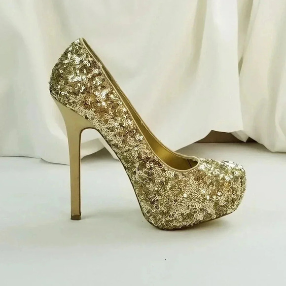 Steve Madden Size 6.5M Bitter Platform Gold Sequin Stiletto Heel Women's Pumps - Picture 2 of 12